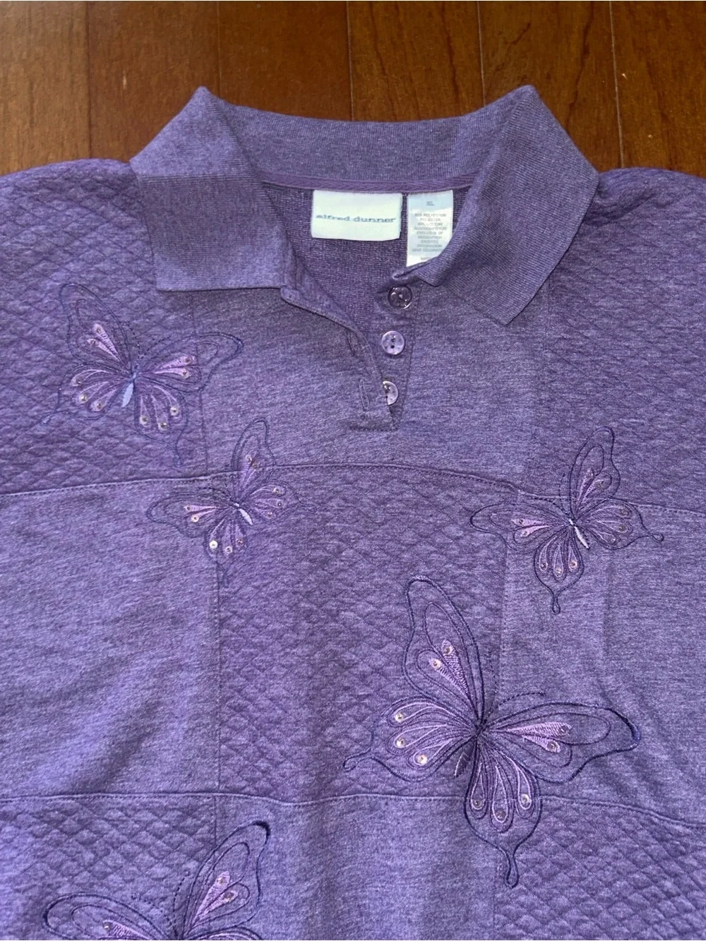 Alfred Dunner Embroidered Butterfly Beaded Sweater Collared Size XL Lavender